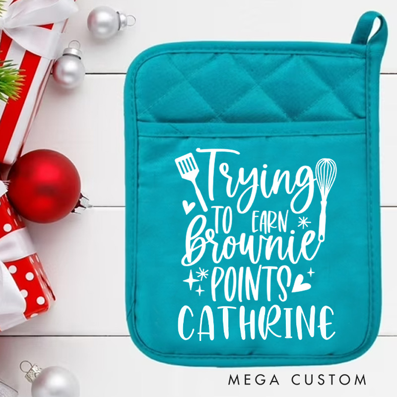 Personalized Trying to Earn Brownie Points Pot Holders Custom Potholder with Name Baking Lovers Gift Baker Gift