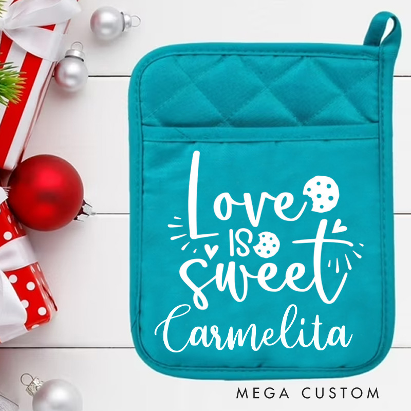 Personalized Love Is Sweet Pot Holders Custom Baking Potholder with Name Baking Lovers Gift for Baker Gift Christmas Gift