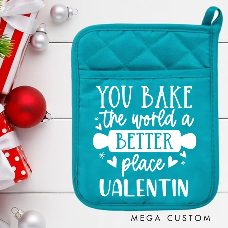 Personalized You Bake the World A Better Place Pot Holders Custom Rolling Pin Potholder with Name Baking Lover Gift for Baker Gift Christmas Gift