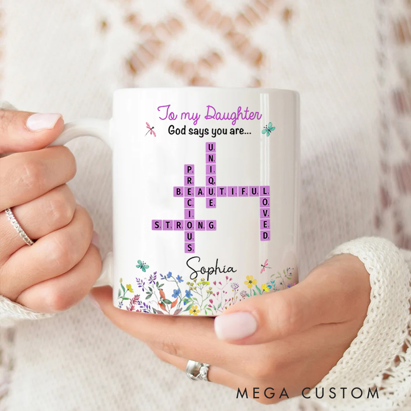 Personalized God Says You Are Crossword Art Ceramic Mug with Name Birthday Gift for Christian Positive Affirmation Religious Gift for Christian