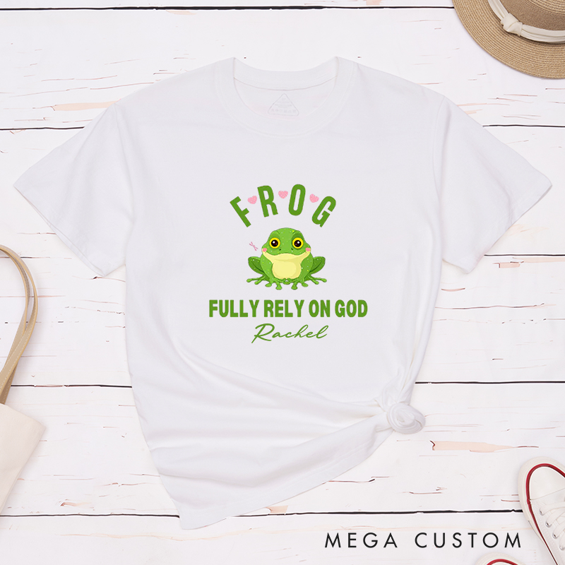 Personalized Frog Religious Fully Rely On God T-Shirt with Custom Name Christians Gift Birthday Gift Christian Apparel Gift for Jesus Lover 