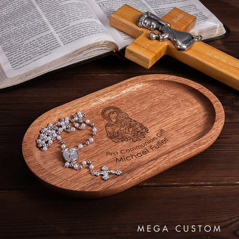 Personalized Mary with Baby Jesus Wooden Rosary Tray with Engraved Text Sacrament First Communion Gift Baptism Gift for Christian