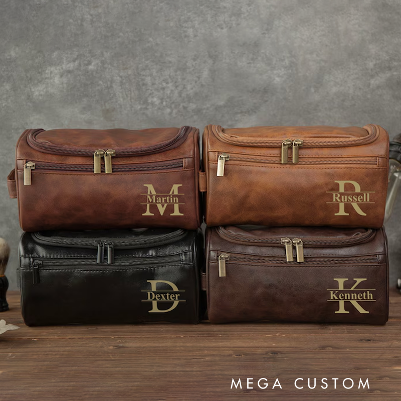 Personalized Men's Leather Toiletry Bag  Engraved Dopp Kit  Anniversary Gifts for Him