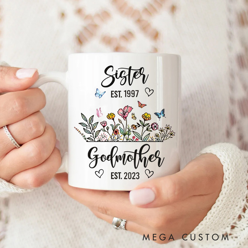 Personalized From Sister To Godmother Ceramic Mug with Years Religious Gift Birthday Gift for Women and Girls 