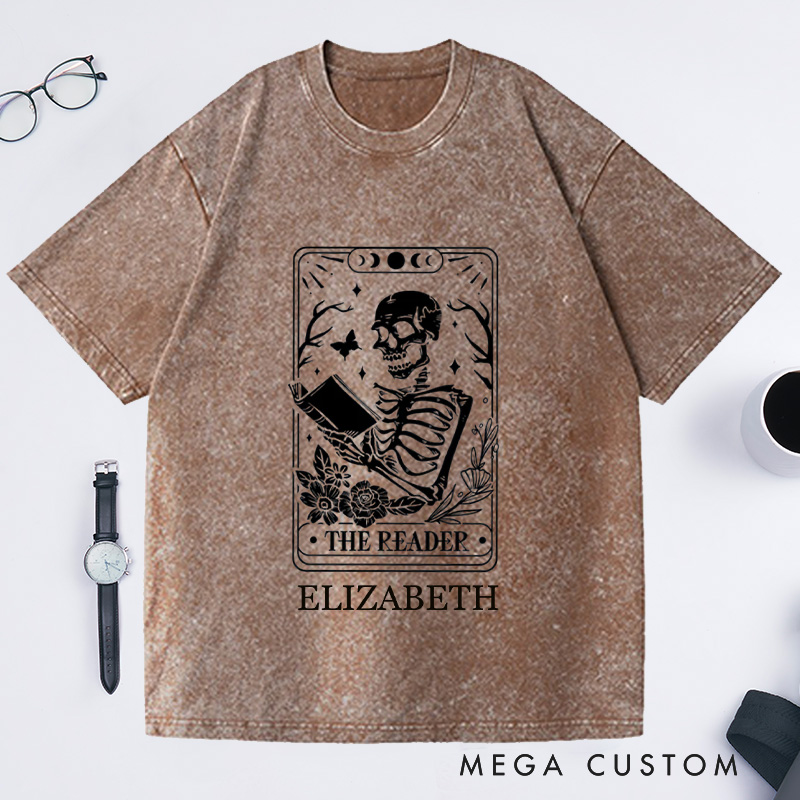 Personalized The Reader Tarot Card Front And Back Printing Washed T-Shirts Skeleton Reading T-shirt Book Lover Gift Book Lover Tee Tarot Card Shirt