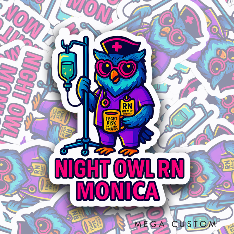 Personalized Nurse Stickers Custom Night Owl RN Design Stickers Funny Nurse Sticker Vinyl Die Cut Sticker