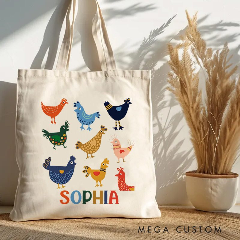 Personalised Colorful Chickens Tote Bag with Name Cute Animal Tote Gift for Kids