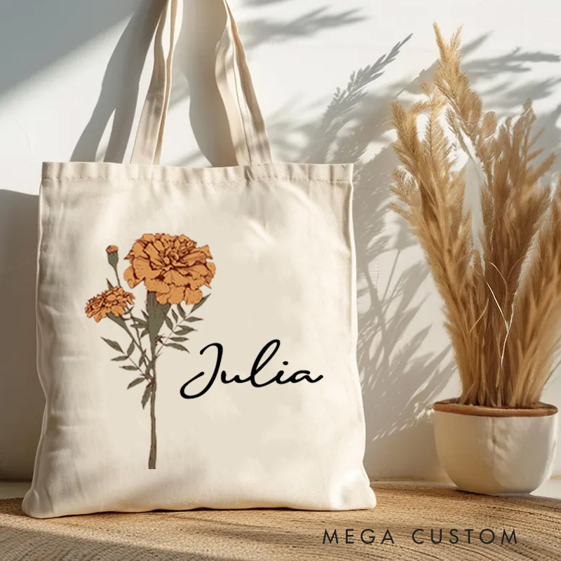 Personalized Cute Floral Tote with Name Shoulder Tote Floral Tote Bag Gift For Her Birth Flower Gift