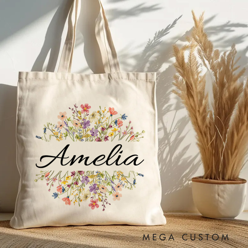 Personalized Floral Tote Bag with Name Floral Shoulder Bag Gift for Her