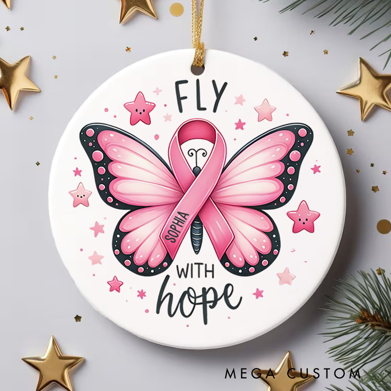 Personalized Fly With Hope Butterfly Pink Ribbon Breast Cancer Keepsake Christmas Ornament for Inspiration
