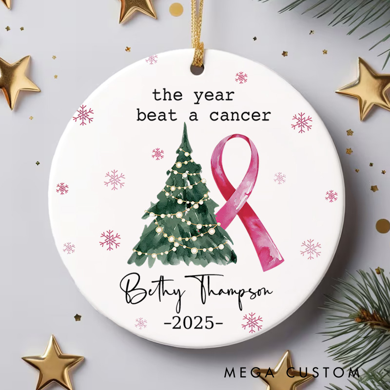 Personalized The Year I Beat Cancer Pink Ribbon Celebration Christmas Ornament for Survivors