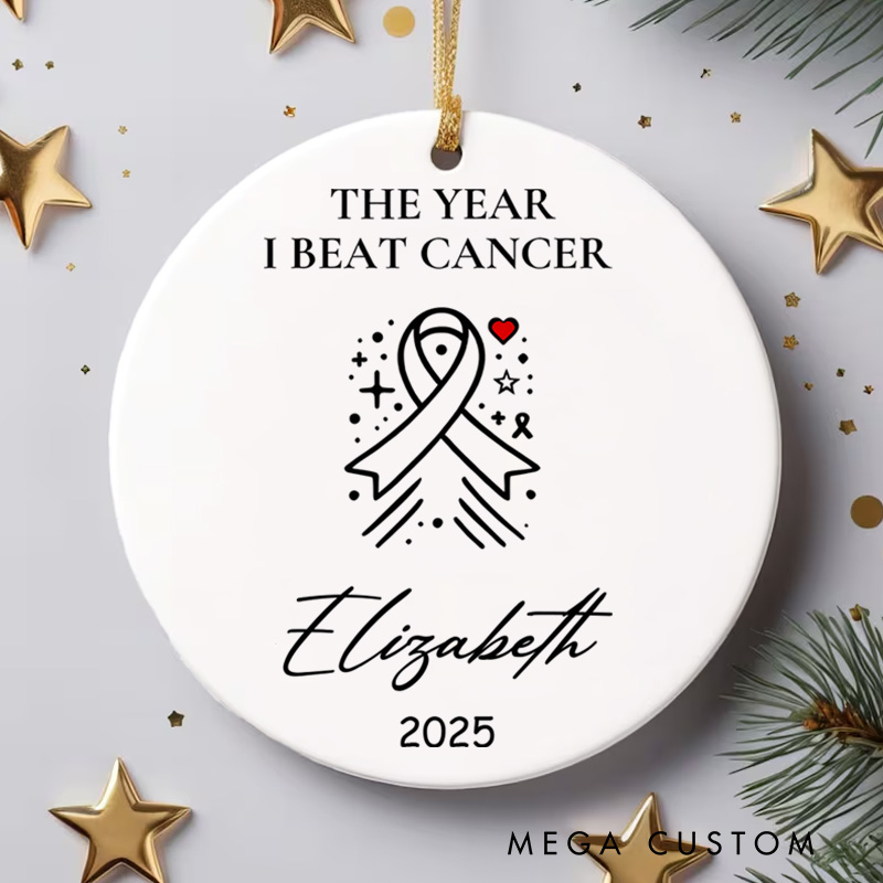 Personalized The Year I Beat Cancer Ribbon and Stars Design Milestone Christmas Ornament for Hope