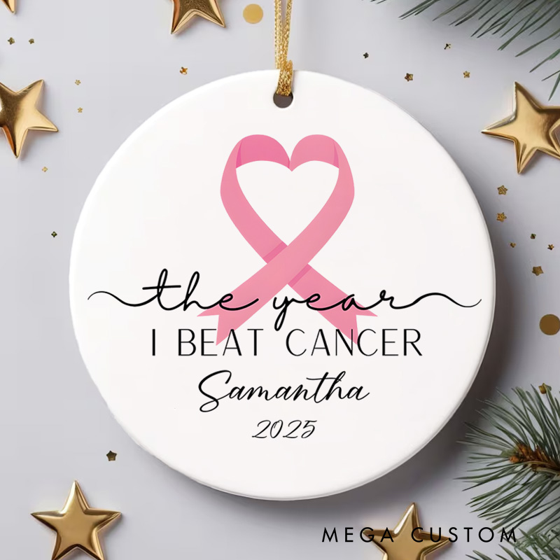 Personalized The Year I Beat Cancer Heart Symbol Design Celebration Christmas Ornament for Strength Breast Cancer Survivor Gift