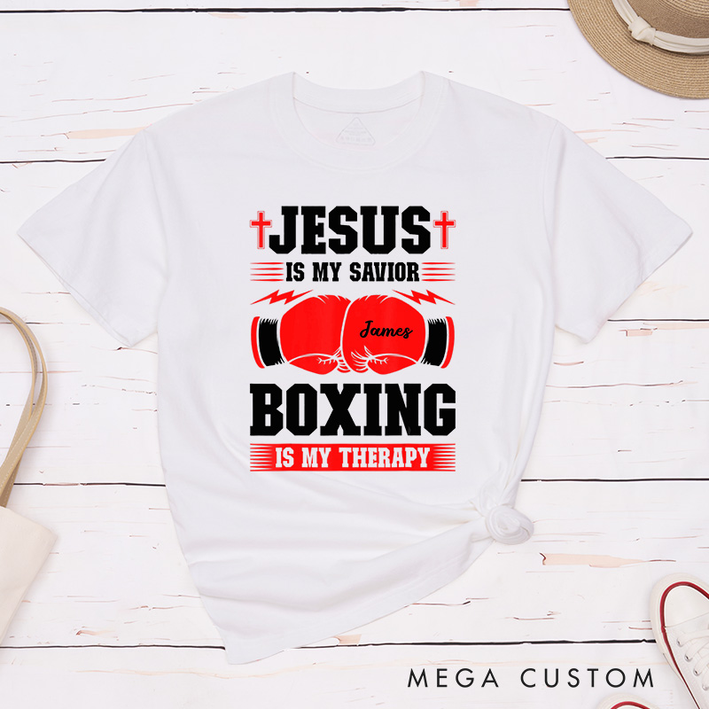 Personalized Jesus Is My Savior Boxing Is My Therapy Classic T-Shirt with Custom Name Inspirational Shirt Religious Birthday Gift for Christians