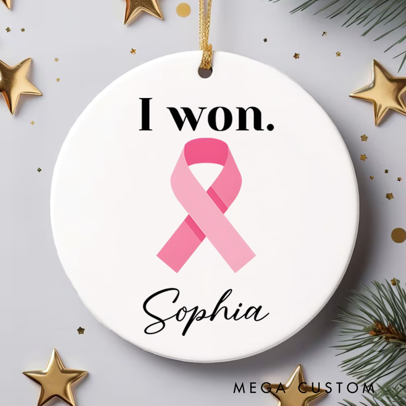 Personalized I Won Pink Ribbon Design Cancer Victory Celebration Christmas Ornament for Survivors