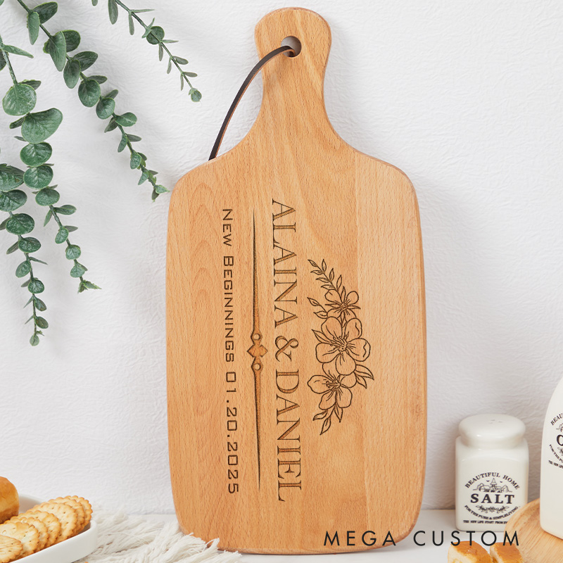 Personalized Elegant Floral Engraved Wooden Cutting Board with Custom Names and Date for Timeless Moments