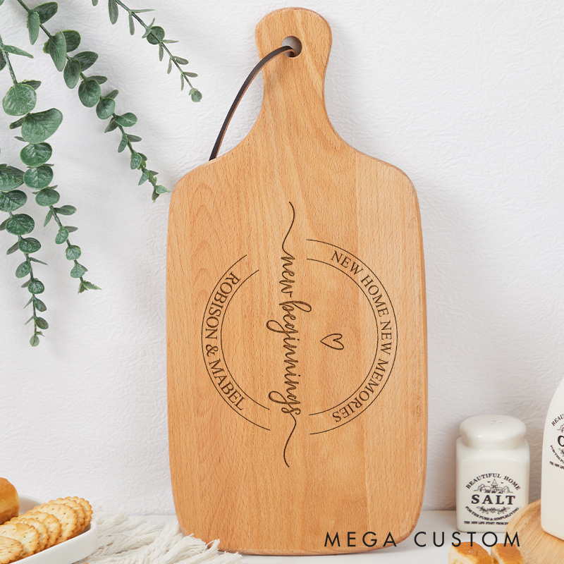 Personalized Couples New Home New Memories Housewarming Wooden Cutting Board with Customizable Names and New Beginnings