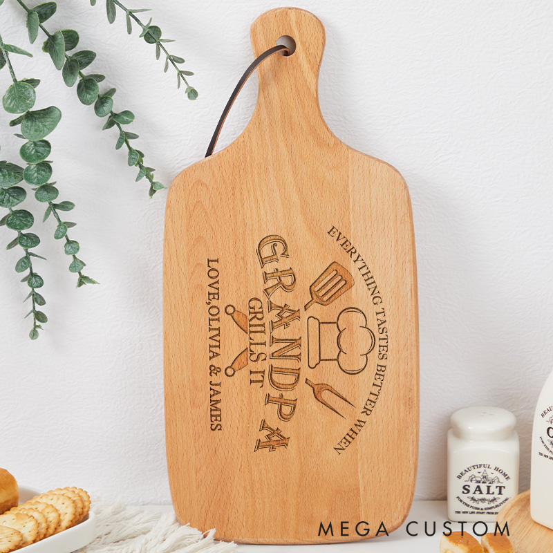 Personalized Grandpa Grills It Housewarming Wooden Cutting Board Perfect Housewarming Gift with Custom Names and Grill Themed Engraving