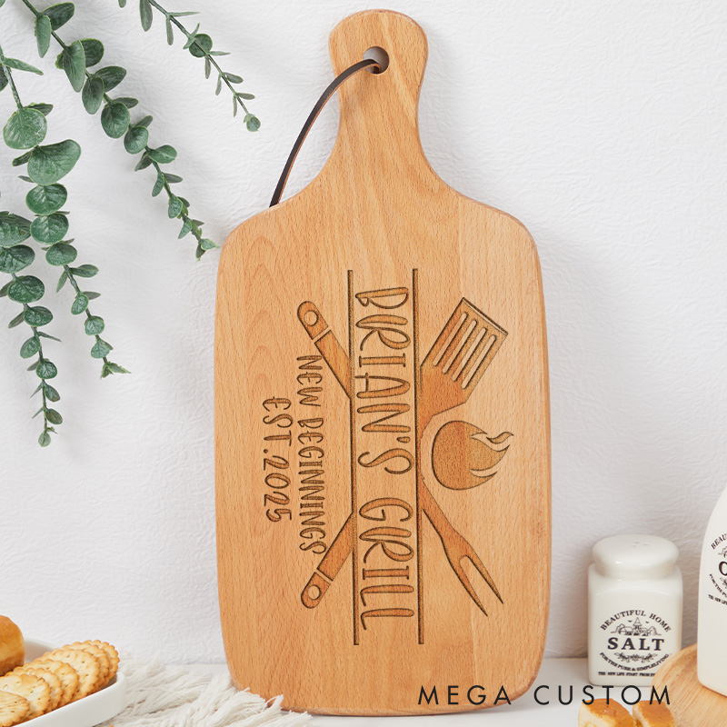 Personalized Grill Tools Housewarming Wooden Cutting Board with Customizable Name and Date for Grill Masters