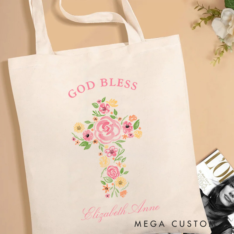 Personalized Pink Watercolor Flower Cross God Bless Canvas Tote Bag with Custom Name Spiritual Gift Christian Tote Bag Birthday Gift for Female