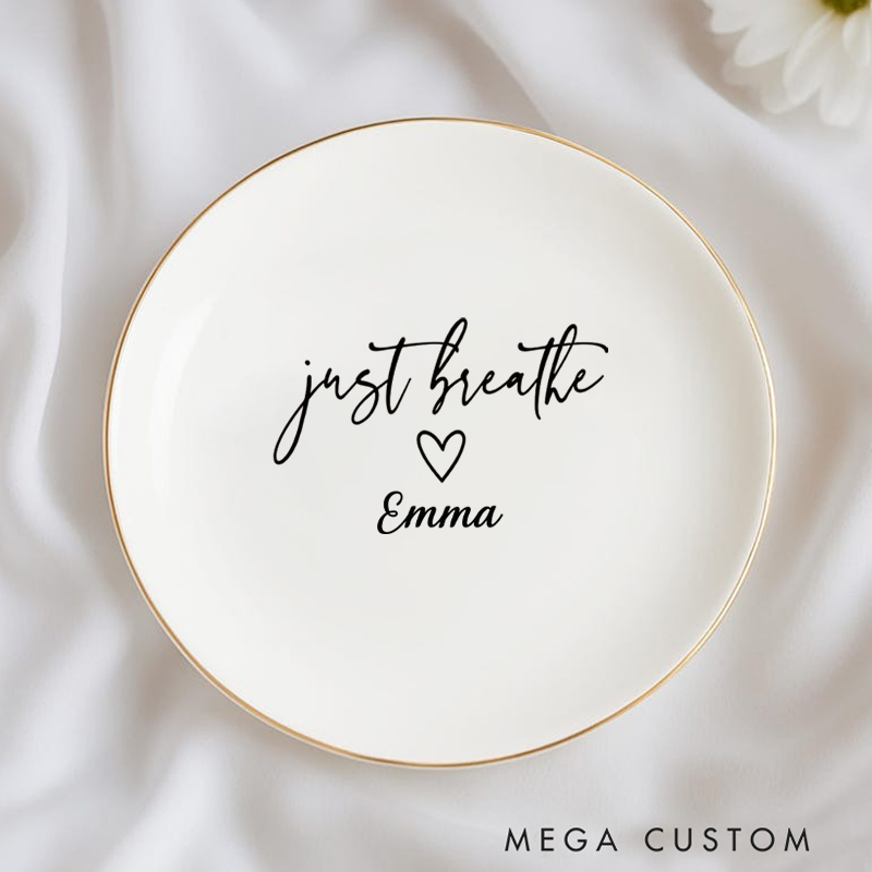 Personalized Just Breath Ring Dishes Yoga Girl Jewelry Dish Anniversary Gift for Yoga Lover
