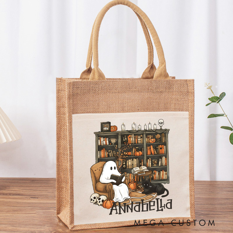 Personalized Retro Ghost Reading Books Tote Bag Book Lover Bag with Name Halloween Burlap Bag Halloween Gifts Librarian Gift Book Lover Gift
