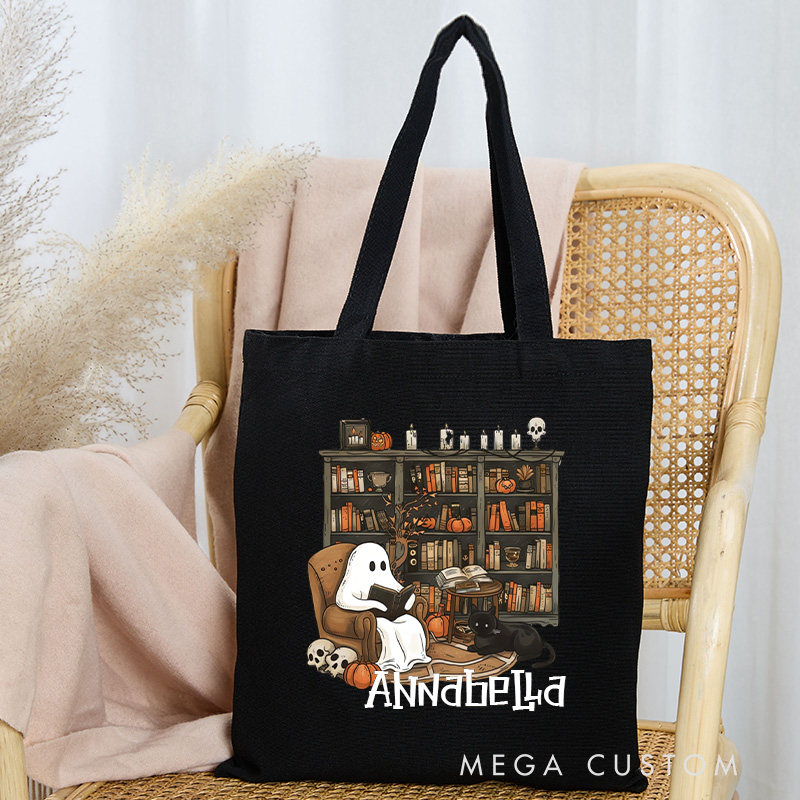 Personalized Retro Ghost Reading Books Tote Bag Book Lover Bag with Name Halloween Canvas Bag Halloween Gifts Librarian Gift Book Lover Gift