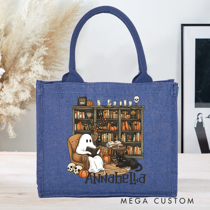 Personalized Retro Ghost Reading Books Tote Bag Book Lover Bag with Name Halloween Burlap Bag Halloween Gifts Librarian Gift Book Lover Gift