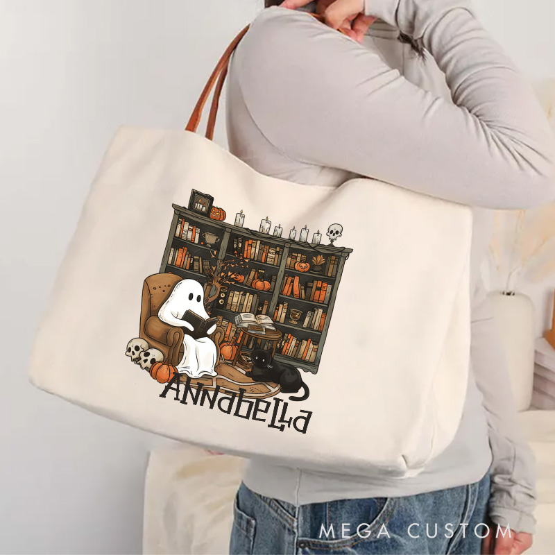 Personalized Retro Ghost Reading Books Tote Bag Book Lover Bag with Name Halloween Tote Bag Halloween Gifts Librarian Gift Book Lover Gift