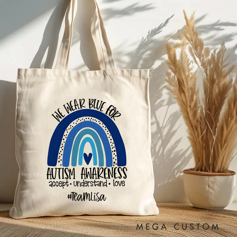 Personalized Autism Awareness Rainbow Illustration Featuring Acceptance and Love Message for Advocacy Tote Bag
