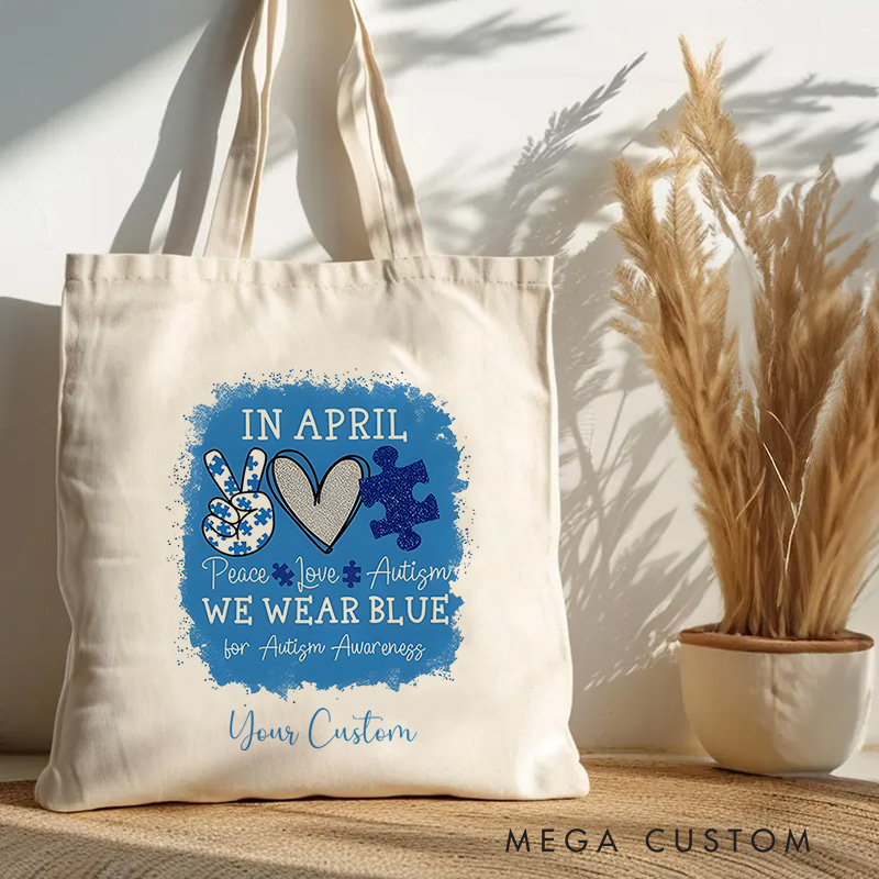 Personalized Wear Blue for Autism Awareness Illustration with Heart and Puzzle Accents for Advocacy Tote Bag