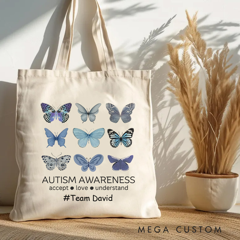 Personalized Butterfly Illustration Representing Autism Awareness with Acceptance and Love Message for Advocacy Tote Bag