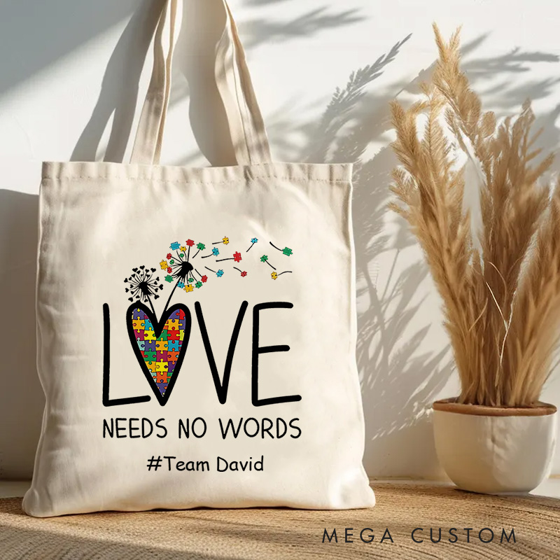 Personalized Love Needs No Words Illustration Featuring Autism Awareness Message for Advocacy Tote Bag