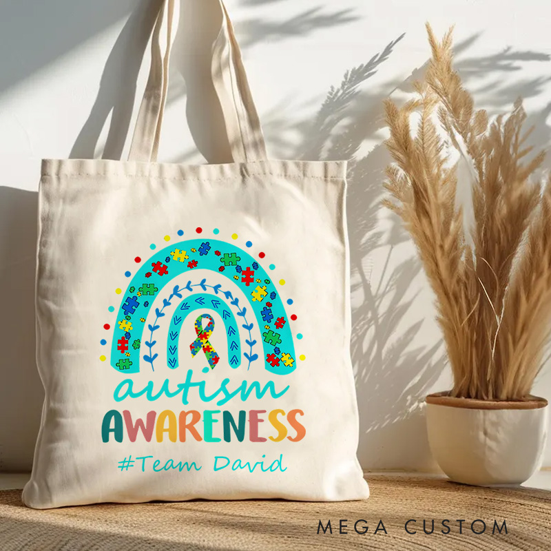 Personalized Autism Awareness Rainbow Illustration Featuring Puzzle and Heart Accents for Advocacy Tote Bag