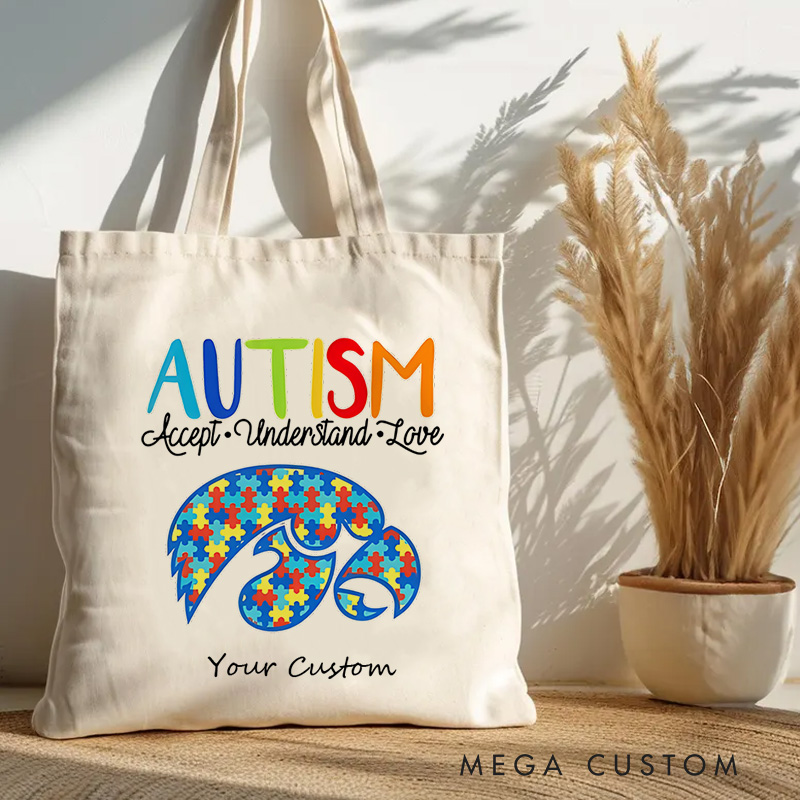 Personalized Autism Awareness Illustration with Puzzle Piece and Acceptance Message for Advocacy Tote Bag