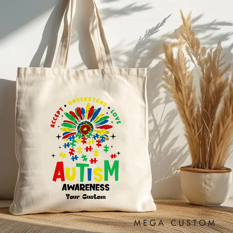 Personalized Autism Awareness Illustration with Colorful Flower and Acceptance Message for Advocacy Tote Bag