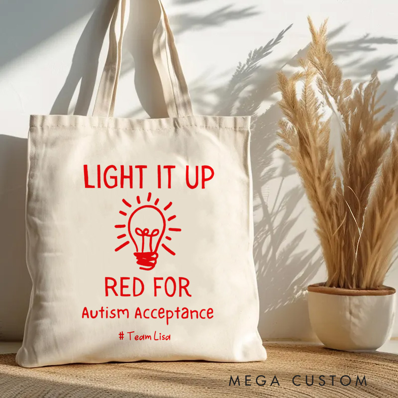 Personalized Light It Up Red for Autism Acceptance Illustration Featuring Bulb Icon for Advocacy Tote Bag
