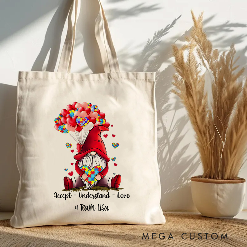 Personalized Gnome Illustration Featuring Autism Awareness Message and Heart Accents for Advocacy Tote Bag