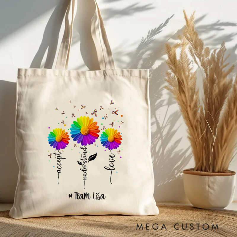 Personalized Colorful Flower Illustration with Autism Awareness Message and Acceptance Theme for Advocacy Tote Bag