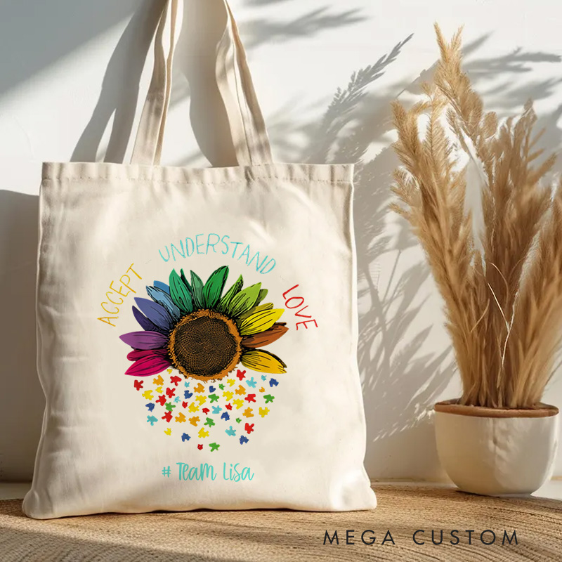 Personalized Sunflower Illustration Featuring Autism Awareness Message and Puzzle Accents for Advocacy Tote Bag