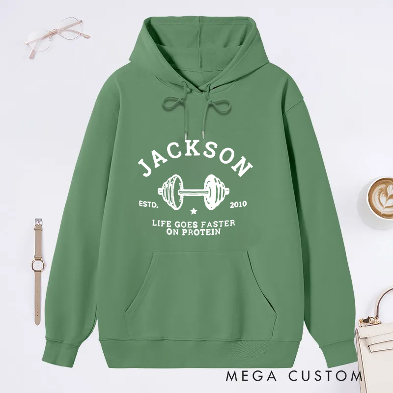 Personalized Fiitness Classic Hoodies with Dumbbell and Protein Quote for Fitness Enthusiasts Bodybuilders and Gym Lovers