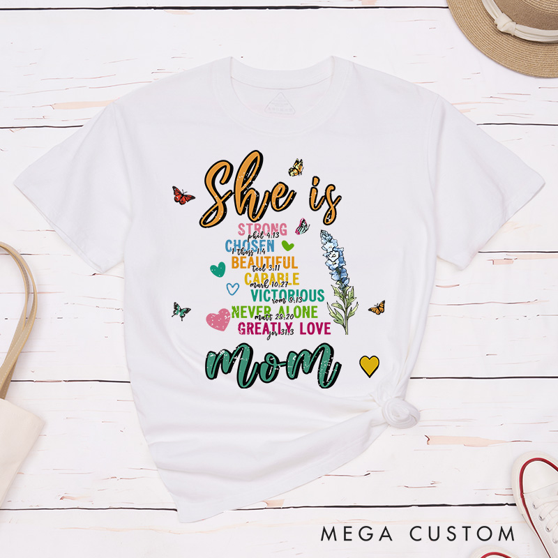 Personalized Bible Verse She Is Strong Butterfly Birth Flower Classic T-Shirt with Nickname Mother's Day Birthday Gift for Women