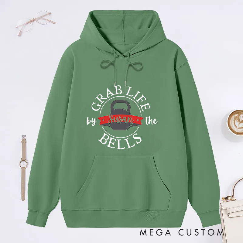 Personalized Kettlebell Classic Hoodies with Grab Life by the Bells for Fitness Enthusiasts Bodybuilders and Gym Lovers