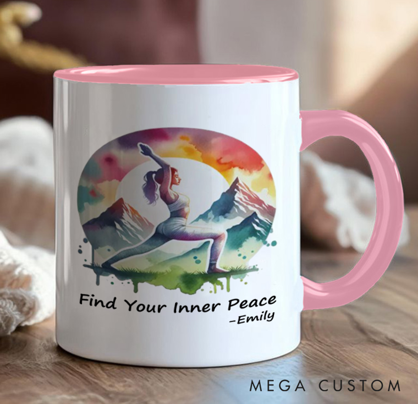 Personalized Yoga Mug with Nature Scene Artistic Design Custom Name Perfect Gift for Yoga Lover