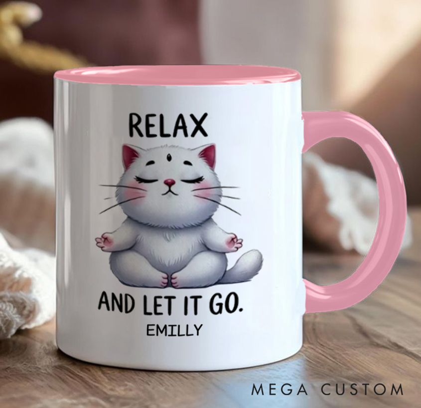 Personalized Cat Mug with Relaxing Meditation Design Custom Name Perfect Gift for Yoga Lover and Cat Lover