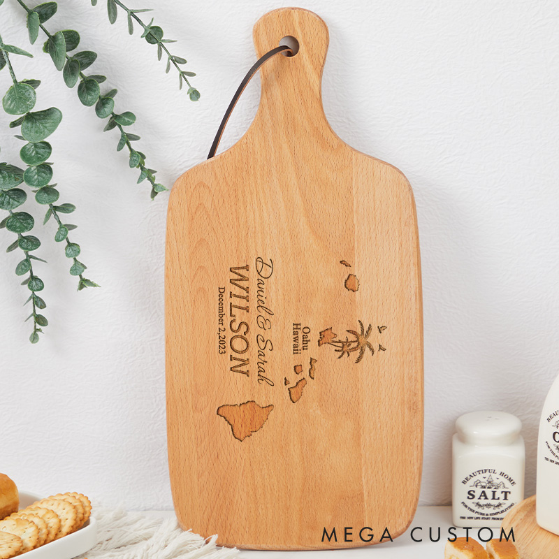 Personalized Romantic Hawaii Oahu Map Cutting Board with Custom Names Date for Housewarming Gifts