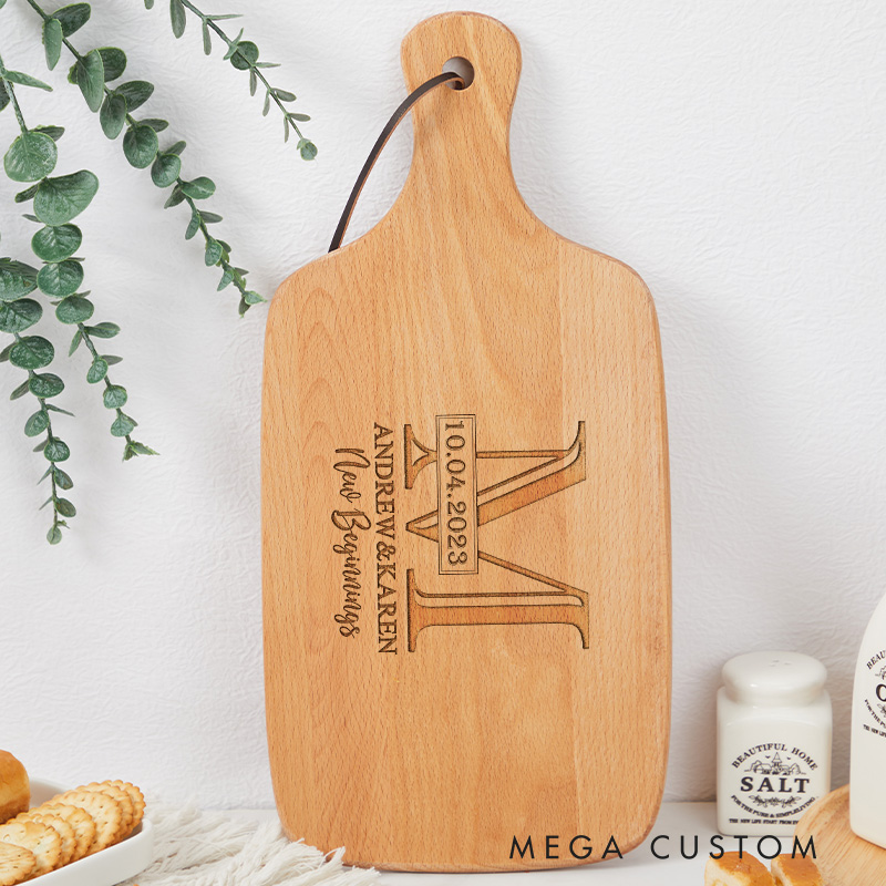 Personalized New Beginnings Housewarming Wooden Cutting Board with Custom Names Date