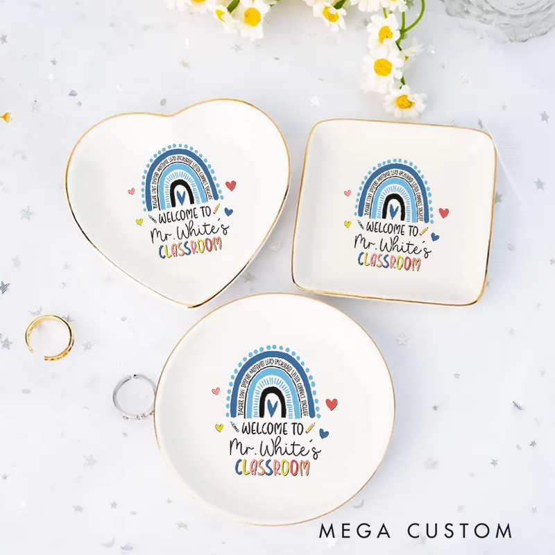 Personalized Jewelry Dish for Teacher Colorful Hand Drawn Rainbow Three Different Shapes Ceramic Ring Dish Teacher Appreciation Gift