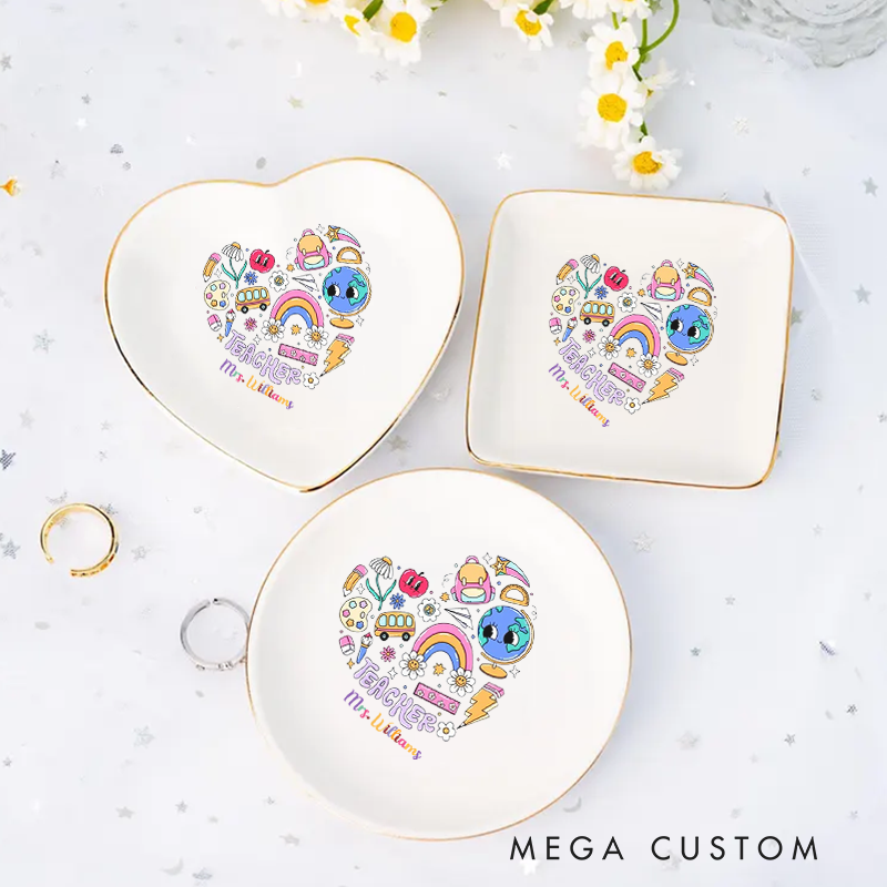 Personalized Jewelry Dish for Teacher School Related Elements Arranged in a Heart shape Three Different Shapes Ceramic Ring Dish Teacher Appreciation Gift