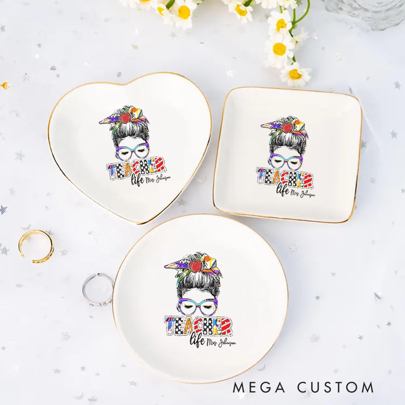 Personalized Jewelry Dish for Teacher Illustration of a teacher with Glasses Teacher Life Three Different Shapes Ceramic Ring Dish Teacher Appreciation Gift